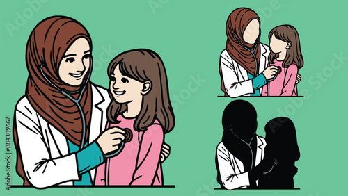 Female doctor, doctor with hijab, physician in white scrubs examine a child with a stethoscope, listen to his heartbeat Pediatrician examining patient. Kids visit a doctor for a checkup.