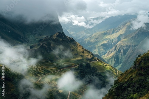 Stunning View of The Andes Mountains with Winding Roads and Terraced Fields in Misty Weather for Posters and Prints photo