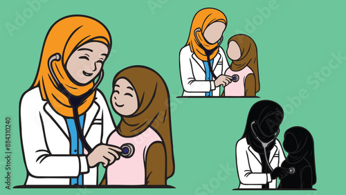 Female doctor, doctor with hijab, physician in white scrubs examine a child with a stethoscope, listen to his heartbeat Pediatrician examining patient. Kids visit a doctor for a checkup.