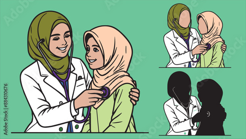 Female doctor, doctor with hijab, physician in white scrubs examine a child with a stethoscope, listen to his heartbeat Pediatrician examining patient. Kids visit a doctor for a checkup.