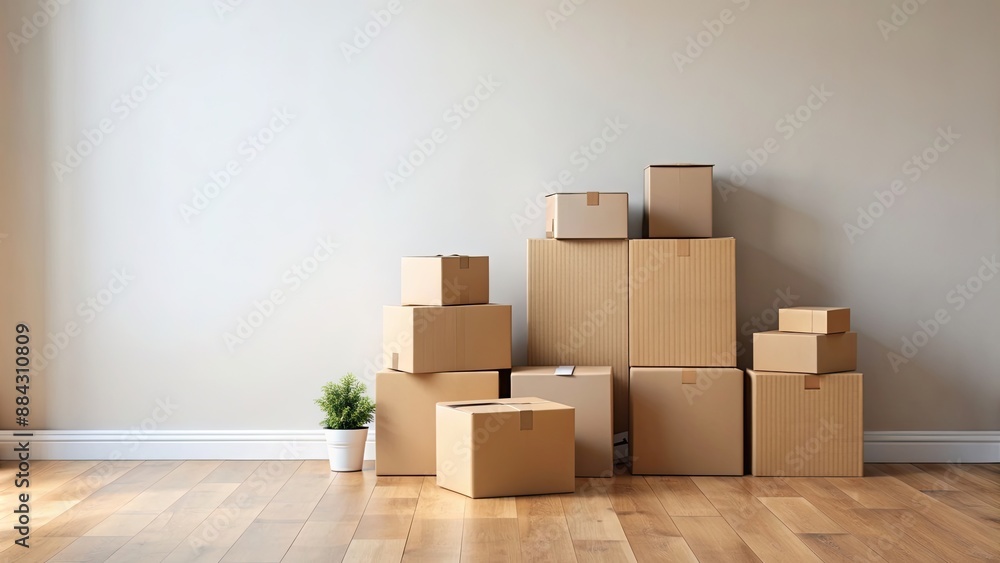 Cardboard boxes on floor against wall during moving and packing, moving, packing, delivery Cardboard boxes on floor against wall during moving and packing, moving, packing, delivery