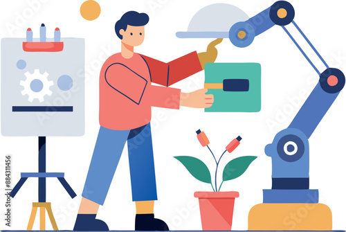 Illustration of an engineer working with a robotic arm in a modern workshop setting, emphasizing technology and innovation.