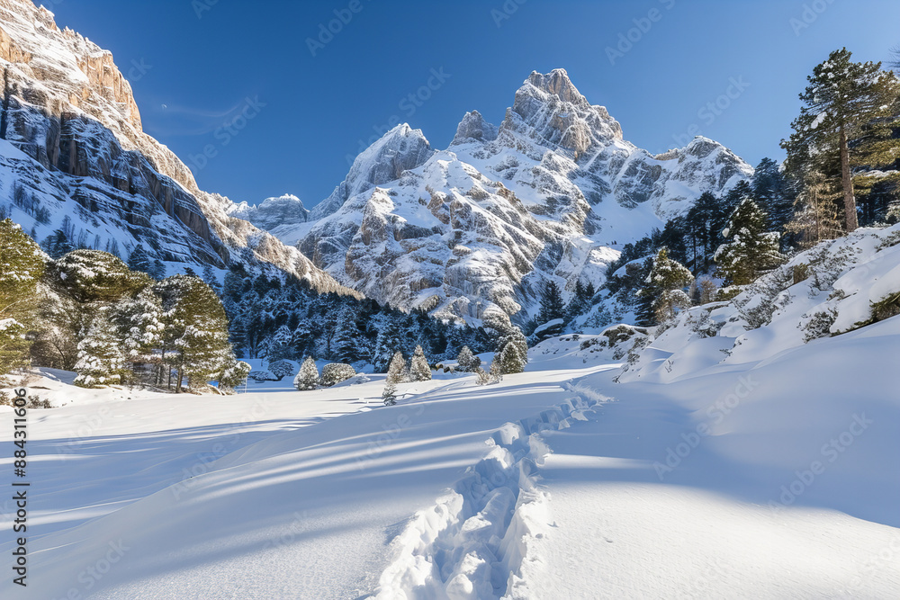 Obraz premium Majestic Snowy Mountain Peaks with Pristine Winter Forests and Blue Sky - Stunning Nature Landscape with Crisp Details