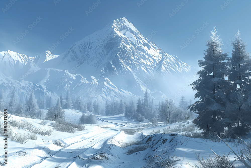 Obraz premium Majestic Snowy Mountain Peaks with Pristine Winter Forests and Blue Sky - Stunning Nature Landscape with Crisp Details