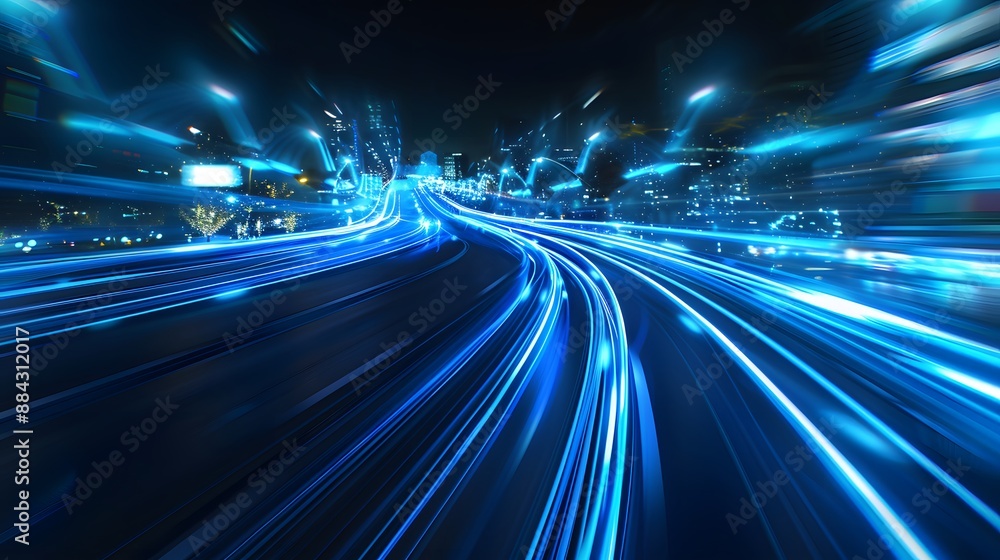 Obraz premium Vibrant electric blue light trails in motion, perfect for dynamic and tech-themed visuals.