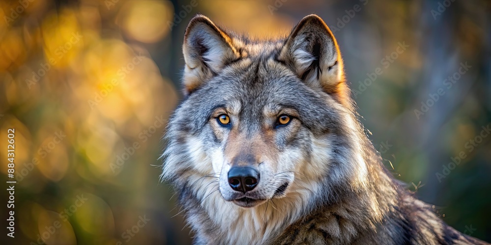 Obraz premium A close-up photo of a majestic wolf in the wild, predator, carnivore, wild animal, fur, wilderness, fierce, hunt, forest, nature