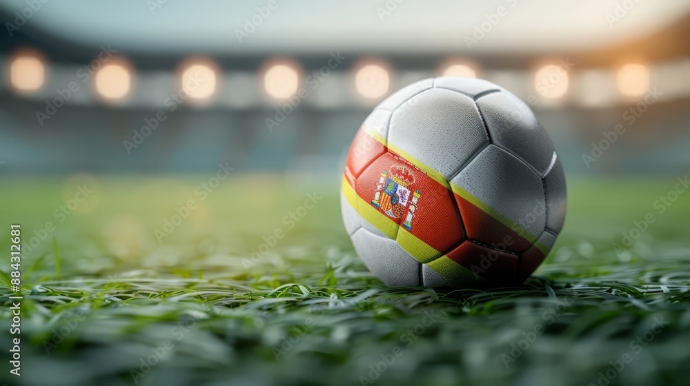 Soccer Ball with Spain Flag Design on Vibrant Green Football Field during Golden Hour Soccer Ball with Spain Flag Design on Vibrant Green Football Field during Golden Hour
