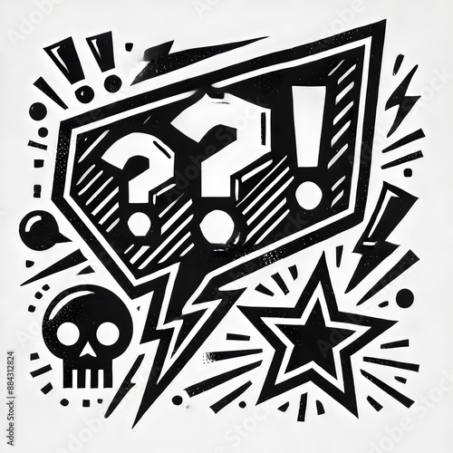 A striking black and white illustration featuring a speech bubble with bold symbols including a question mark, exclamation point, and a skull, surrounded by stars and bursts
