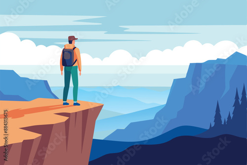 A vibrant vector illustration of a hiker standing on a mountain cliff, admiring the breathtaking view of nature, mountains, and serene landscapes.