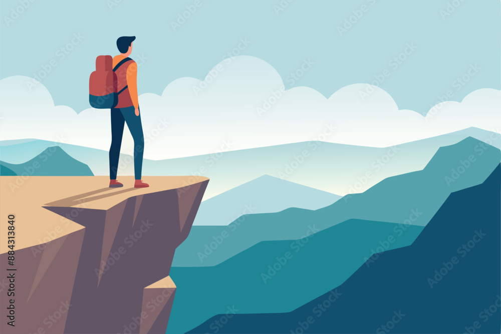 Obraz premium Illustration of a hiker standing on a mountain cliff edge, admiring the stunning view of mountains and clouds in the distance.