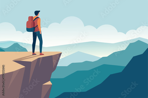 Illustration of a hiker standing on a mountain cliff edge, admiring the stunning view of mountains and clouds in the distance.