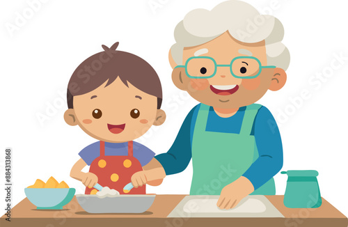 Illustration of a grandparent and grandchild cooking together in the kitchen, mixing ingredients with joy and laughter.