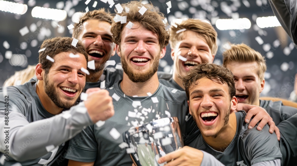 Obraz premium Triumphant Football Team Celebrates Championship Victory with Trophy and Confetti