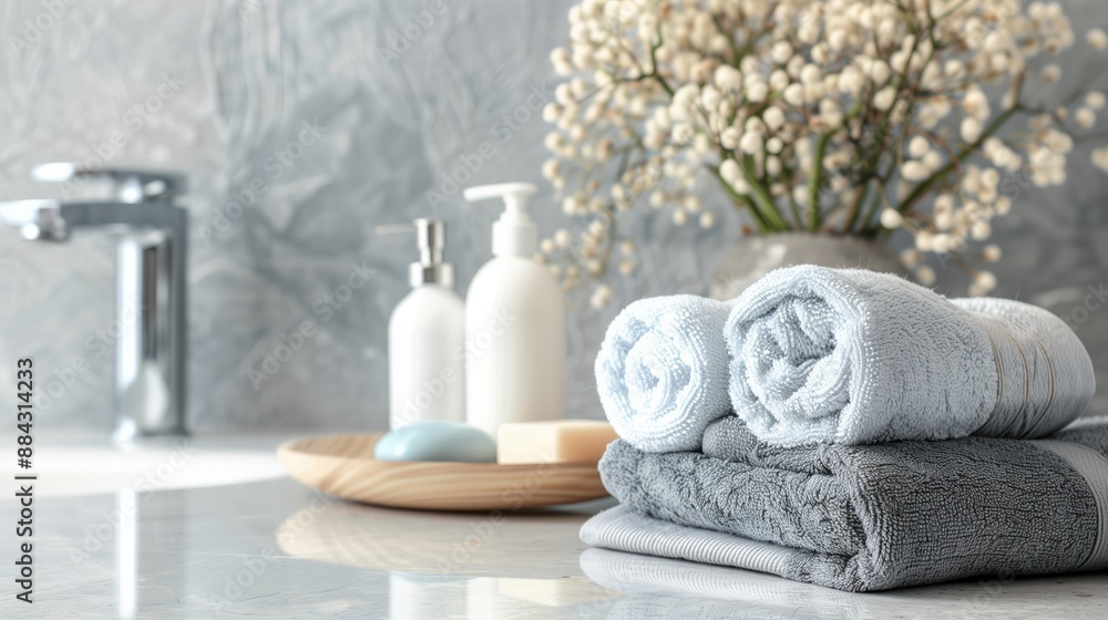 Folded fresh towels in blue and gray on a bathroom counter with soap, lotion dispensers, and a flower vase in the background Folded fresh towels in blue and gray on a bathroom counter with soap, lotion dispensers, and a flower vase in the background