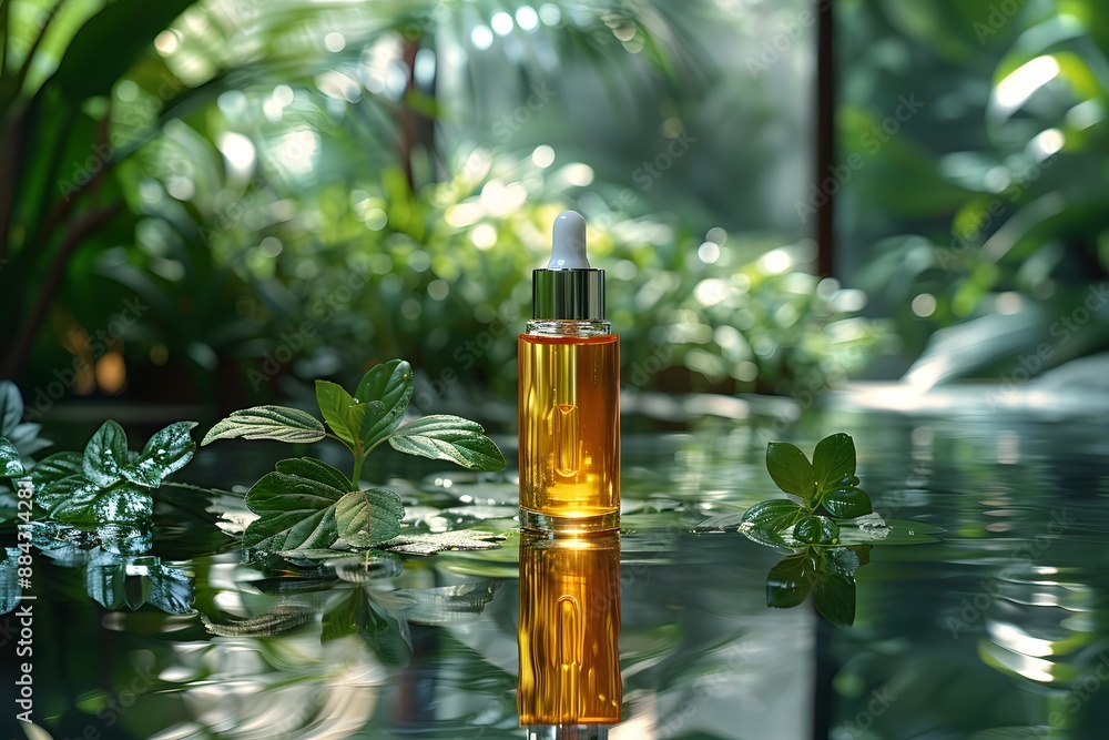 A glass bottle of essential oil sits on a body of water with green leaves floating around it. The bottle reflects in the water A glass bottle of essential oil sits on a body of water with green leaves floating around it. The bottle reflects in the water