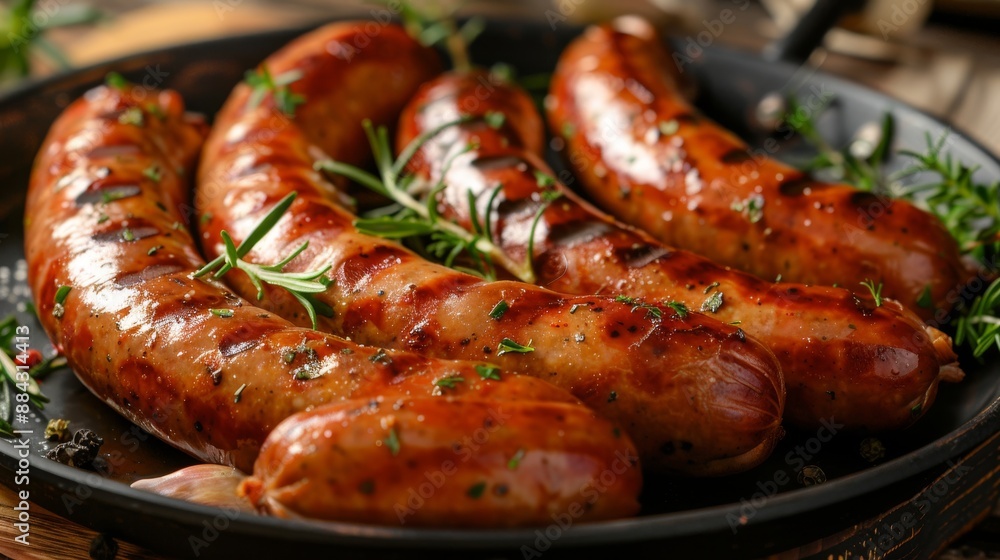 Grilled sausages on pan with herbs and spices, wood background, closeup Grilled sausages on pan with herbs and spices, wood background, closeup