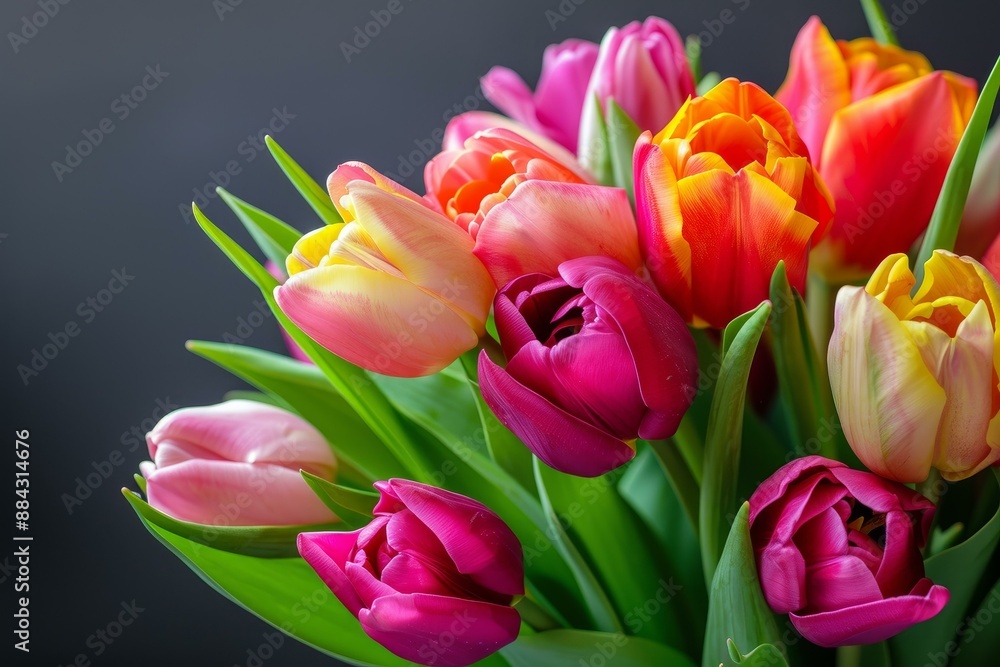 A colorful arrangement of fresh tulips in full bloom, isolated against a dark backdrop A colorful arrangement of fresh tulips in full bloom, isolated against a dark backdrop