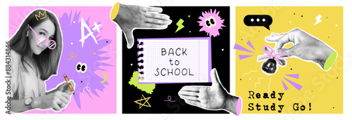 Back to school set of contemporary style halftone posters with isolated elements for collage. Modern illustration education concept. Vintage vector graphics