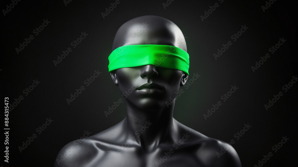 A mysterious image of a humanoid mannequin with a green blindfold, evoking associations with anonymity and censorship A mysterious image of a humanoid mannequin with a green blindfold, evoking associations with anonymity and censorship