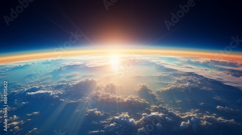 Fototapeta Naklejka Na Ścianę i Meble -  Morning sun rays shining on Earth's atmosphere from space