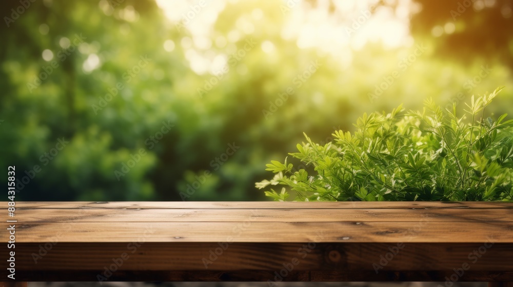 Natural wooden table with a blurred greenery background, soft morning light Natural wooden table with a blurred greenery background, soft morning light