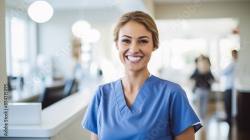 Nurse smiling brightly in clean and bright hospital environment