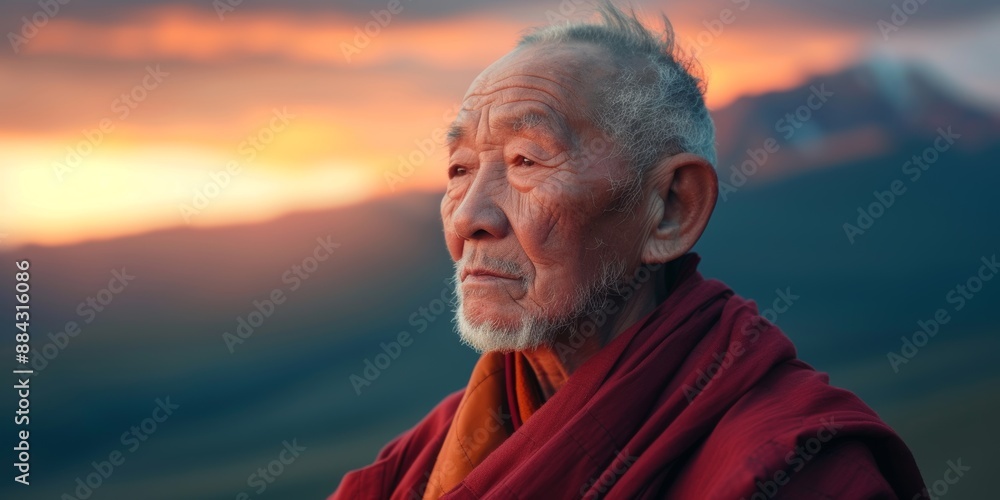 Naklejka premium Serene portrait of elderly monk in traditional robes, deeply contemplating while standing against picturesque sunset mountain backdrop