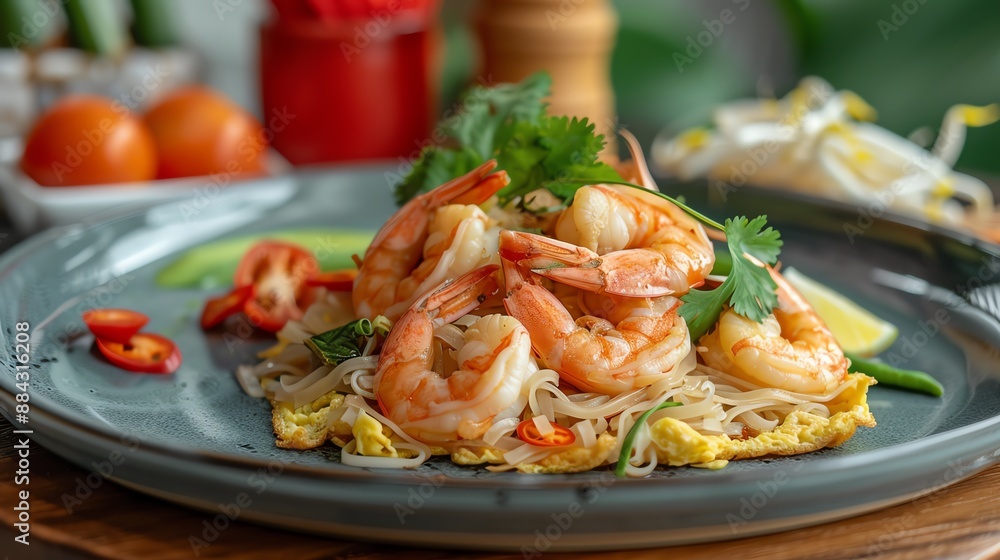 Pad Thai with shrimp, crispy omelette, colorful and appetizing, cozy kitchen, authentic Thai meal, high-quality ingredients Pad Thai with shrimp, crispy omelette, colorful and appetizing, cozy kitchen, authentic Thai meal, high-quality ingredients