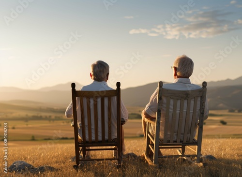 Retired couple sitting on rocking chairs on a country porch, watching the sunset, [peaceful life], [happy retirement]