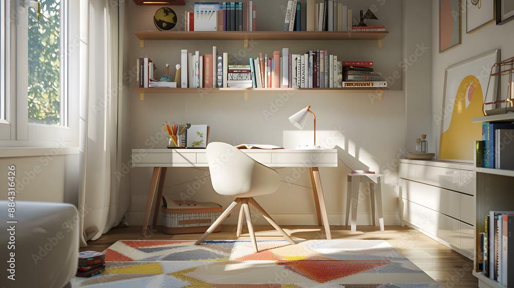 Fototapeta premium A small room with a desk and chair, a window, and a rug