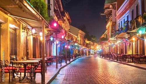 3d modern buildings in capital city with neon light reflection from puddles on street.