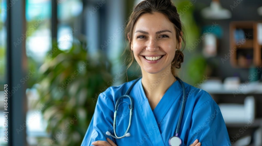 Portrait of friendly nurse in uniform smiling indoors Portrait of friendly nurse in uniform smiling indoors