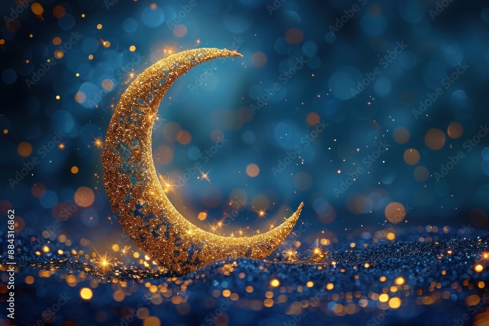 Golden Crescent Moon Illustration for Eid Al Fitr on Blue Background with Gold Sparkles Golden Crescent Moon Illustration for Eid Al Fitr on Blue Background with Gold Sparkles