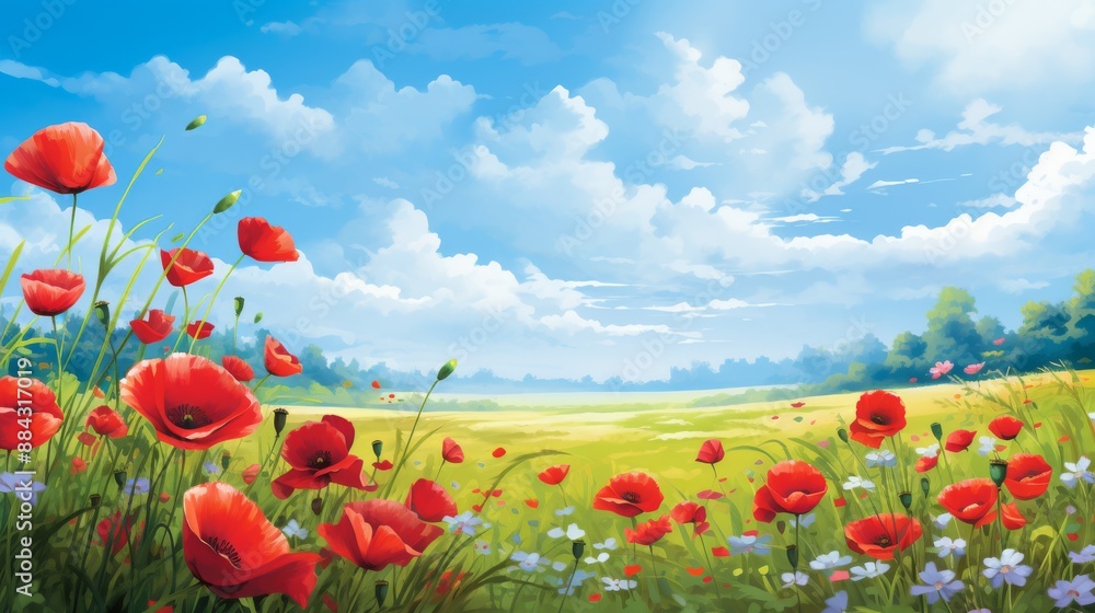 Naklejka premium Red poppies in a lush summer meadow, clear blue sky, gentle sunlight, tranquil setting