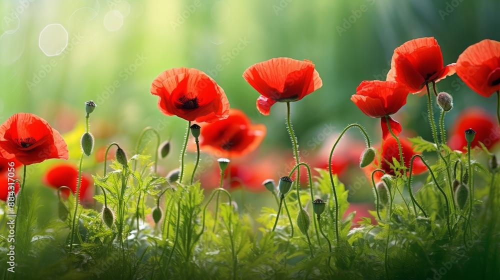 Fototapeta premium Red poppies scattered across a sunny meadow, lush greenery, tranquil summer setting