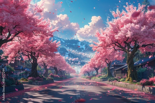 Anime School Background with Cherry Blossom Trees in Pastel Cartoon Style - High Resolution, Detail, and Quality