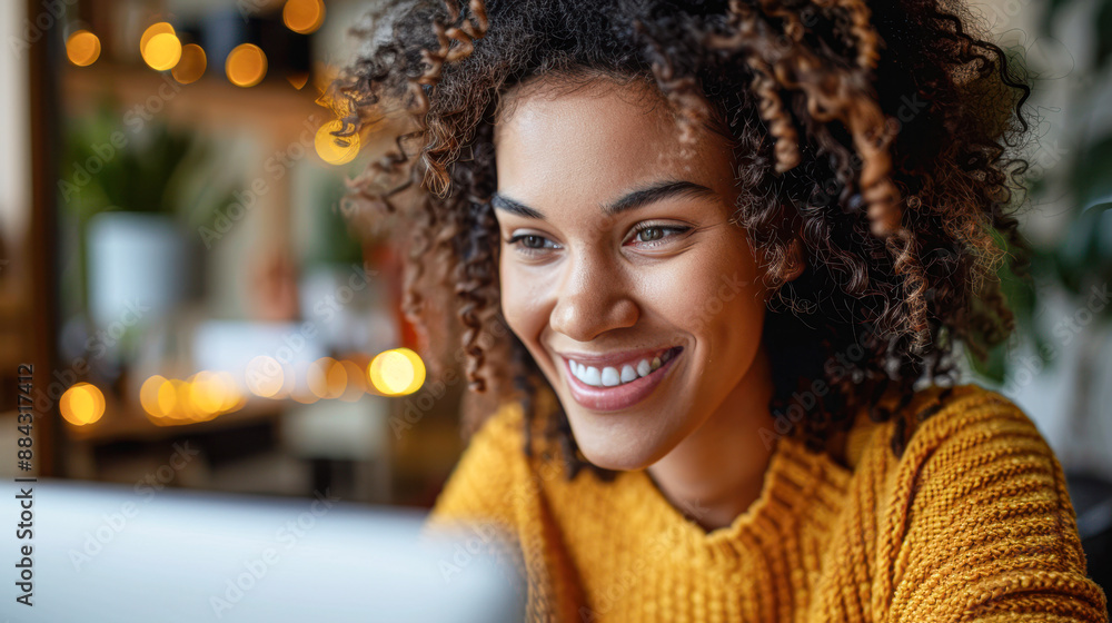 Smiling woman handling digital finances and online shopping on a computer Smiling woman handling digital finances and online shopping on a computer