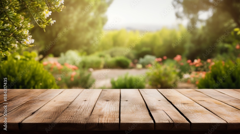 Rustic wooden table with out-of-focus green garden view, ideal for presentations Rustic wooden table with out-of-focus green garden view, ideal for presentations