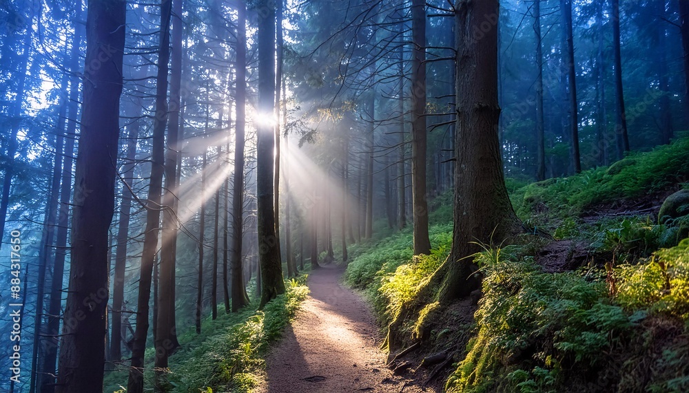 Naklejka premium morning in the forest.Sunlight filtering through a dense woodland trail