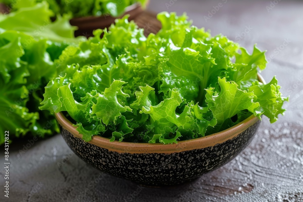 Organic green curly kale salad placed in a rustic bowl on a textured surface Organic green curly kale salad placed in a rustic bowl on a textured surface