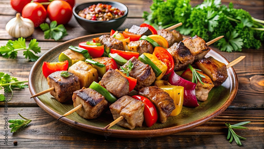A popular dish in Eastern European cuisine consisting of skewered and grilled cubes of marinated meat and vegetables, shashlik A popular dish in Eastern European cuisine consisting of skewered and grilled cubes of marinated meat and vegetables, shashlik