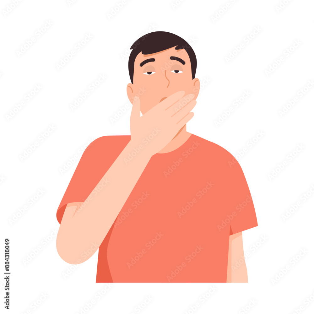 Man yawning because he is sleepy. Covering his mouth while yawning because he lacks sleep. Vector illustration Man yawning because he is sleepy. Covering his mouth while yawning because he lacks sleep. Vector illustration