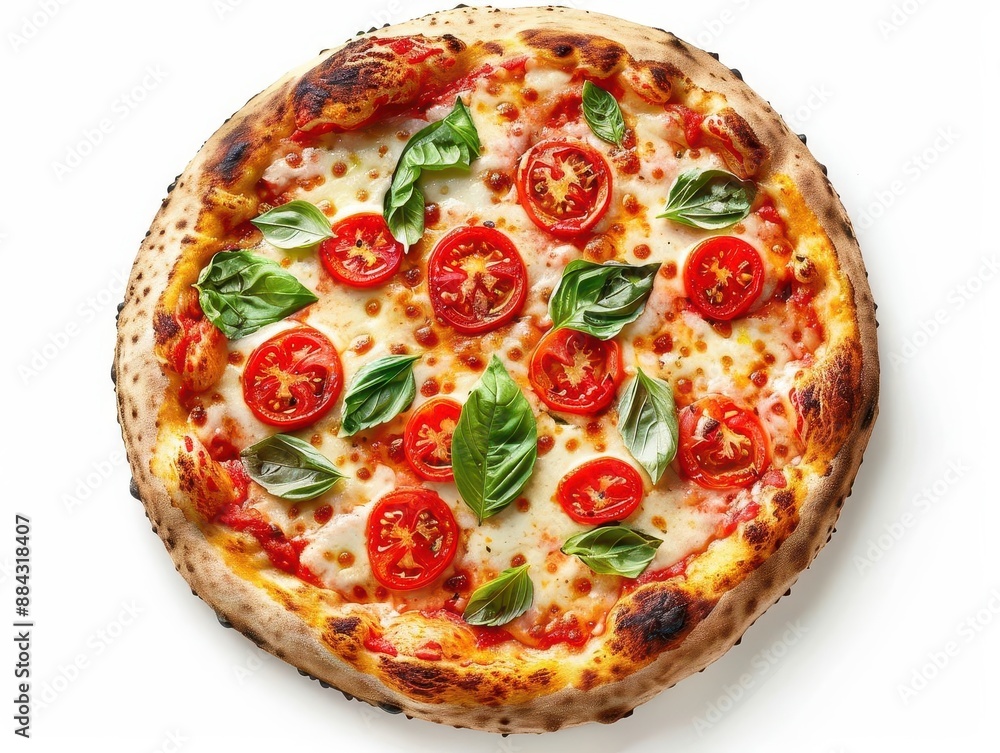 classic margherita pizza with vibrant red tomatoes fresh green basil and melted mozzarella on a perfectly crisp crust isolated on a clean white background for emphasis classic margherita pizza with vibrant red tomatoes fresh green basil and melted mozzarella on a perfectly crisp crust isolated on a clean white background for emphasis