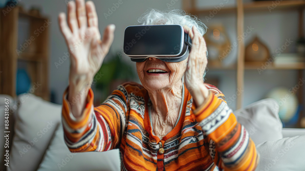Happy older woman using a VR device, enjoying a simulation game Happy older woman using a VR device, enjoying a simulation game