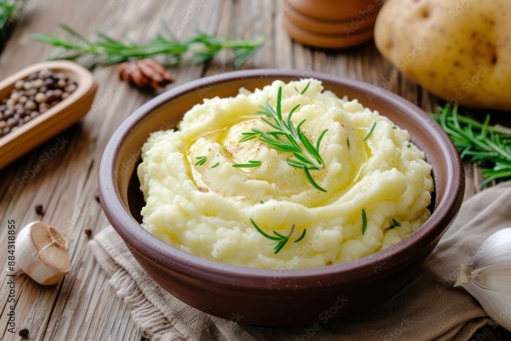 Savory mashed potatoes garnished with fresh rosemary in a rustic bowl, perfect for comfort food Savory mashed potatoes garnished with fresh rosemary in a rustic bowl, perfect for comfort food