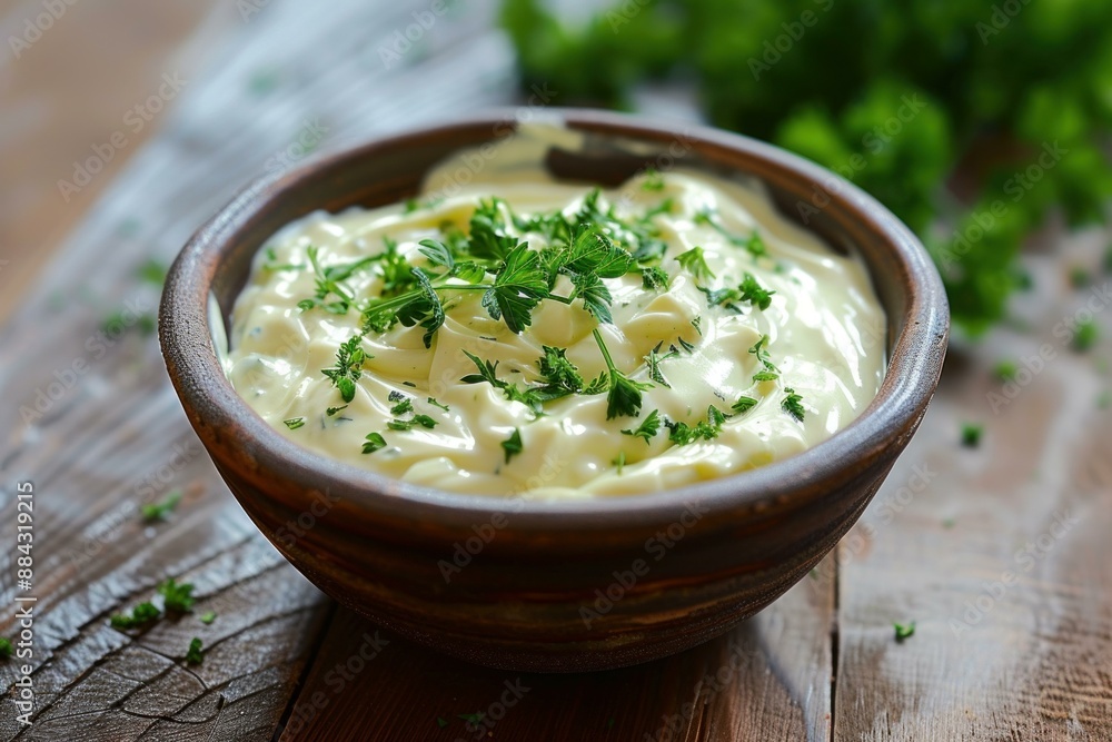 Creamy homemade mayonnaise with finely chopped herbs in a ceramic bowl on a wooden table Creamy homemade mayonnaise with finely chopped herbs in a ceramic bowl on a wooden table