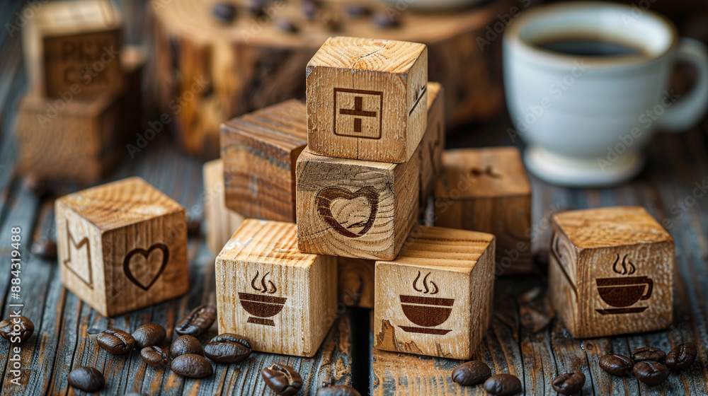 Coffee business. Wooden cubes depicting coffee and cup icons. Concept of making money on coffee Coffee business. Wooden cubes depicting coffee and cup icons. Concept of making money on coffee