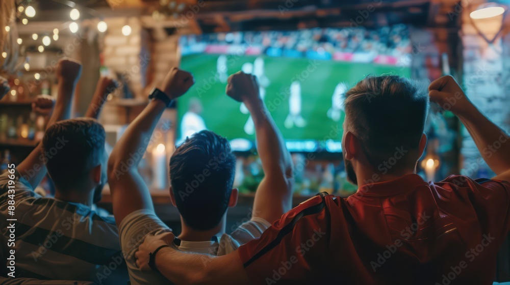 Three friends watch a soccer match on a big screen in a cozy, decorated room, celebrating a critical moment in the game with raised fists and joyful expressions. Three friends watch a soccer match on a big screen in a cozy, decorated room, celebrating a critical moment in the game with raised fists and joyful expressions.
