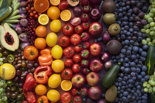 Assorted fruits and veggies in colorful gradient display