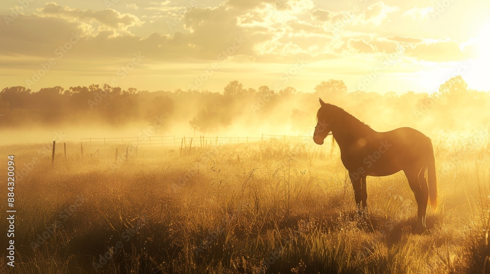 Tranquil scene of a horse in a meadow with the sun casting a golden hue across the landscape Tranquil scene of a horse in a meadow with the sun casting a golden hue across the landscape